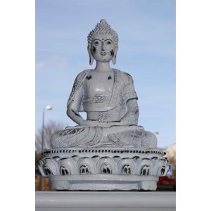 Buddha siddende slidt/hvidfarvet polyresin h:25cm - Se Buddha figurer og Spejle