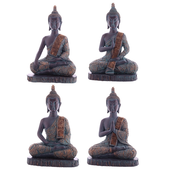Buddha BUD276C siddende irret kobberfarvet med mønster polyresin h:31cm - Se Buddha figurer