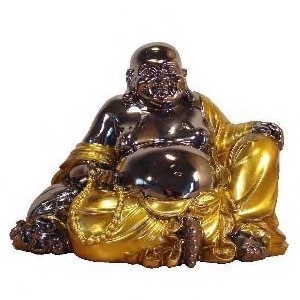 Buddha Happy siddende guld/tr�farvet polyresin h:17cm