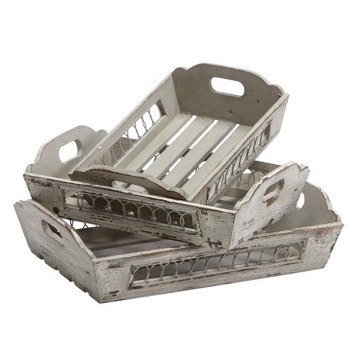 Træ bakker sæt af 3 med jernflet antik look hvidgrå