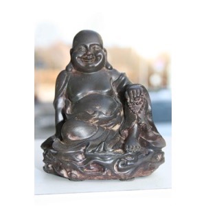 Buddha Happy siddende træfarvet polyresin h:11cm - Se Buddha figurer og Spejle