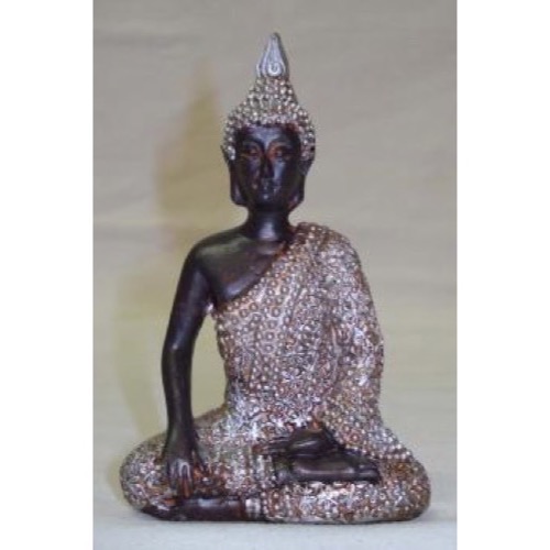 Buddha siddende sølv/træfarvet polyresin h:10cm - Se Buddha figurer og Spejle