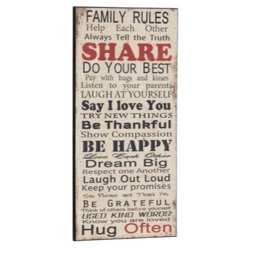 Træ skilt Family Rules 30x60cm