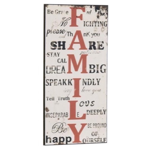 Træ skilt 30x60cm Family Rules med røde bogstaver lodret