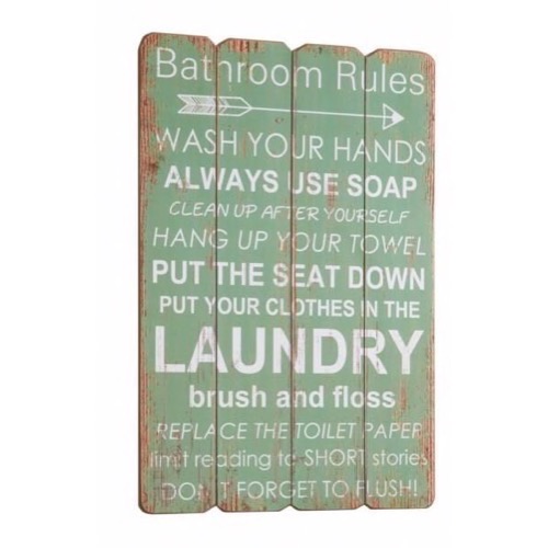 Træ skilt Bathroom Rules 40x60cm