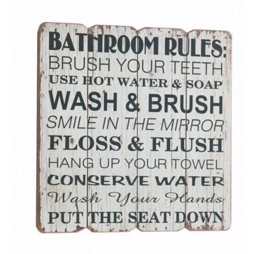 Træ skilt Bathroom Rules 40x40cm