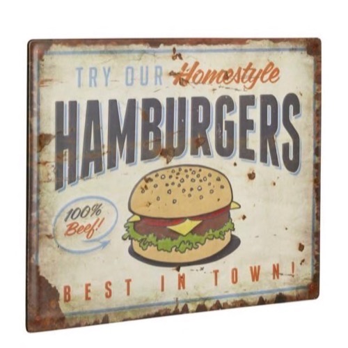 Metal skilt 40x30cm Try Our Homestyle Hamburgers - 100% Beef - Best In Town
