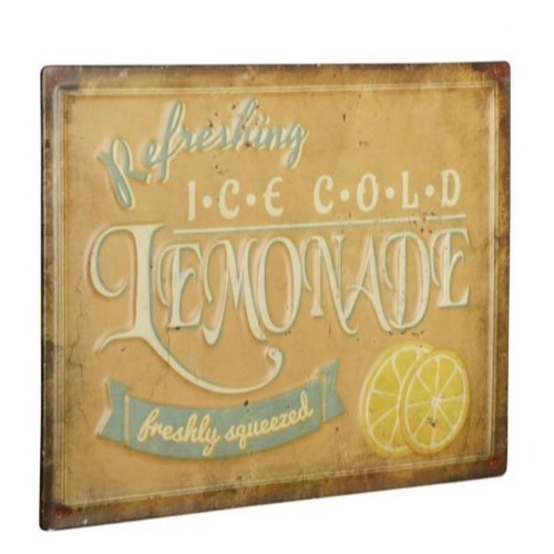 Gult Metal skilt 40x30cm med teksten Refreshing Ice Cold Lemonade - freshly squeezed