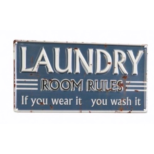 Gråt metal skilt 40x20cm Laundry Room Rules fremhævede bogstaver