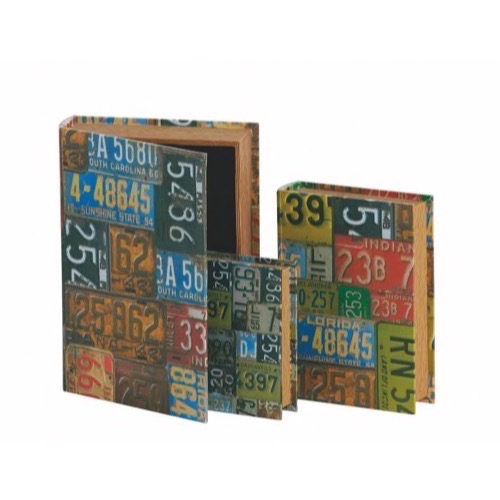 Bog skrin med Nummerplade look sæt af 3  32x23x7cm