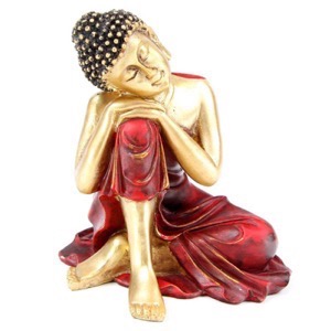 Buddha siddende rød & guldfarvet polyresin h:16cm - Se flere Buddha figurer og Spejle