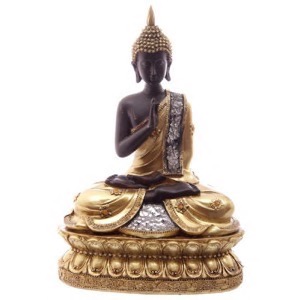 Buddha siddende guld/træfarvet polyresin h:23cm - Se flere Buddha figurer og Spejle