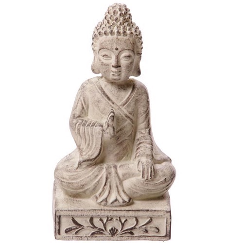 Buddha siddende patineret hvid polystone h:33cm - Se flere Buddha figurer og Spejle
