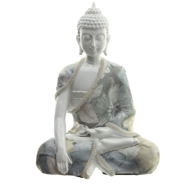 Buddha siddende BUD299 hvid polyresin med stof 23x17x10cm - Se Buddha figurer