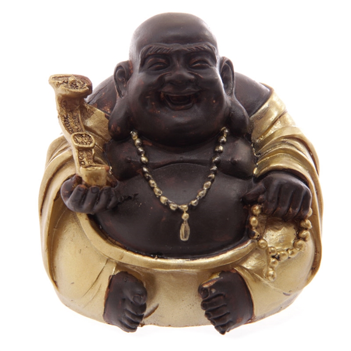 Buddha Happy 196B guld og træfarvet polyresin h8cm - Se flere Buddha figurer og Spejle