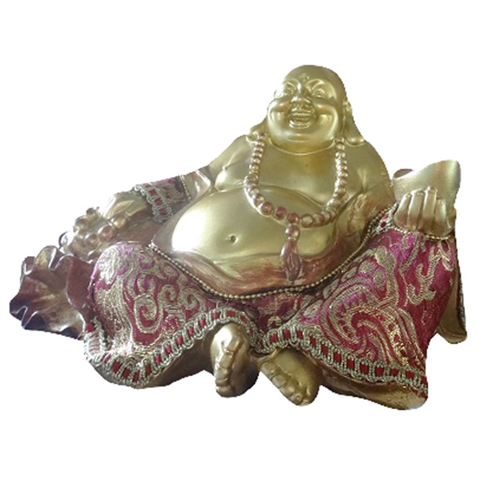 Buddha Happy figur BUD291 guldfarvet polyresin med rødt stof h12cm - Se flere Happy Buddha figurer