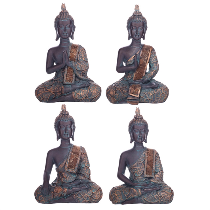 Buddha BUD275B siddende kobberfarvet med mønster polyresin h:31cm - Se Buddha figurer