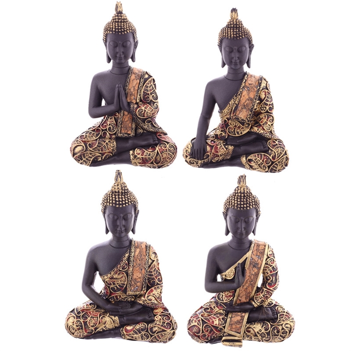 Buddha BUD278D siddende træ og guldfarvet med mønster polyresin h:15cm - Se Buddha figurer