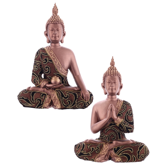 Buddha BUD286B siddende kobberfarvet med mønster polyresin h:31cm - Se Buddha figurer