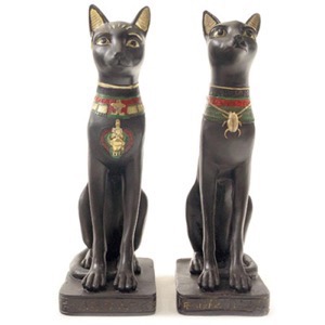 Egyptisk kat Bast i sort/guldfarvet polyresin h:20cm Sæt af 2 - Se flere Katte og Spejle