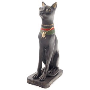 Egyptisk kat Bast i sort/guldfarvet polyresin h:20cm - Se flere katte figurer og spejle