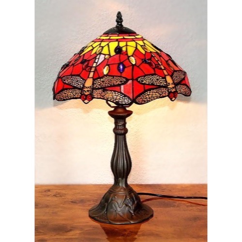Tiffany bordlampe DK23 rød med guldsmed - Se Tiffany lamper