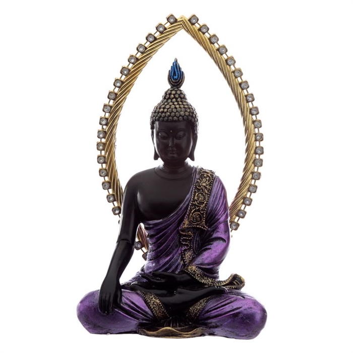 Buddha 334L siddende træ- og lillafarvet h:24cm