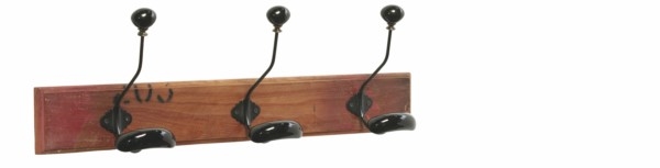 Knagerække antik look med 3 metal knager med sorte knopper antik slidt træ 60x19cm