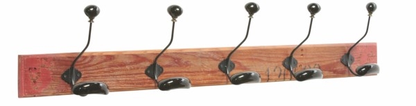 Knagerække antik look med 5 metal knager med sorte knopper antik slidt træ 60x19cm