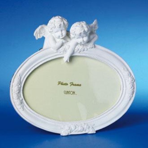 Engle 2 siddende på oval fotoramme